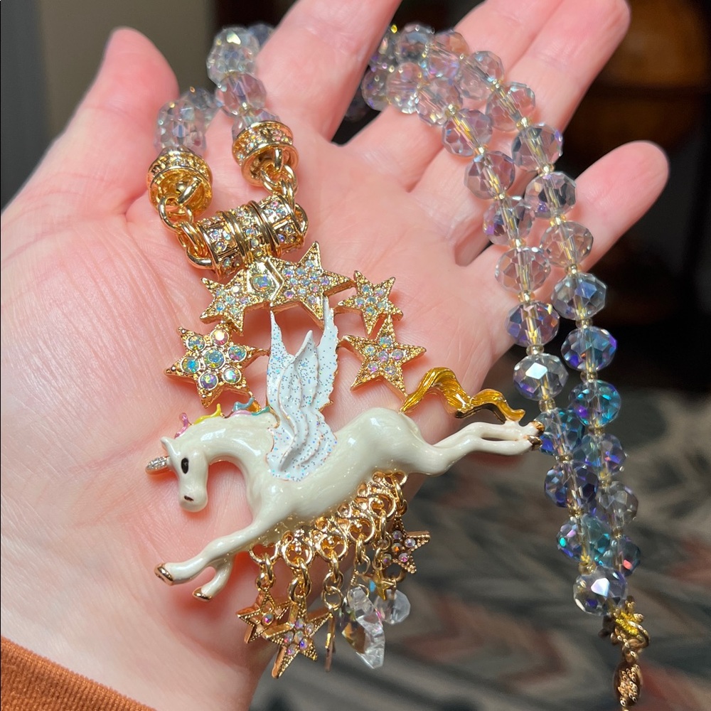 Vintage Kirk’s Folly Enamel Pegasus Unicorn and Stars Pendant Statement Necklace